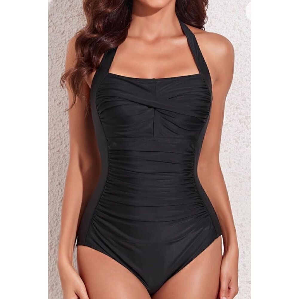 Smismivo Tummy Control Swimwear Halter One Piece Slimming Vintage Retro